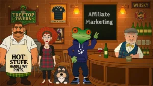 Boab, TreeTopFrog, Pixel, Sandra and Big Davies standing at the bar