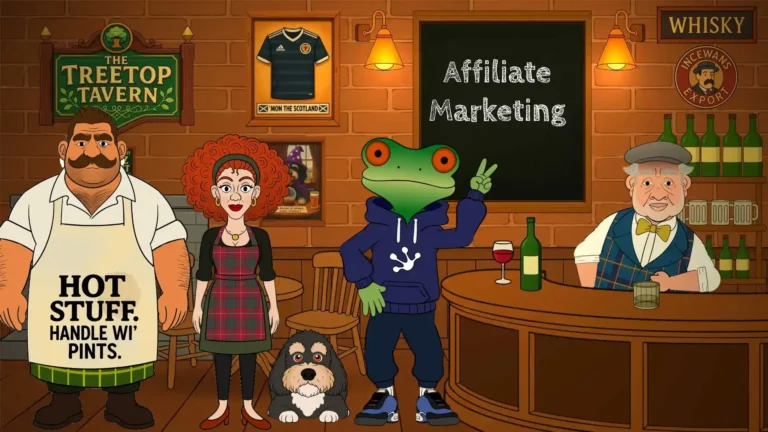Boab, TreeTopFrog, Pixel, Sandra and Big Davies standing at the bar