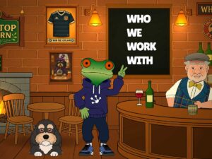 TreeTopFrog in Tavern with Blackboard saying - who we work with